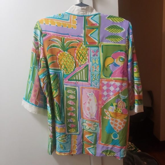 Bob Mackie Wearable Art Silk Open Front Kimono Top Cats Monkeys Fruit Fish sz S - Picture 13 of 16